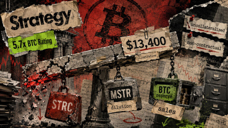 Cracked balance beam suspends STRC, MSTR dilution, and BTC reserve sales beneath Strategy’s illustrative $13,400 Bitcoin floor.