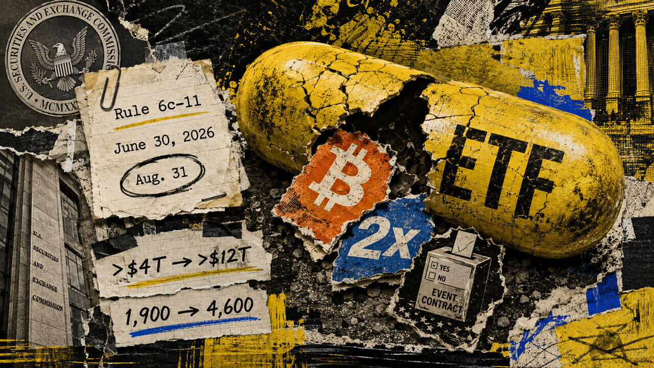 Cracked ETF capsule spills Bitcoin, 2x leverage and event-contract fragments as SEC rules test how far the fund wrapper can stretch.
