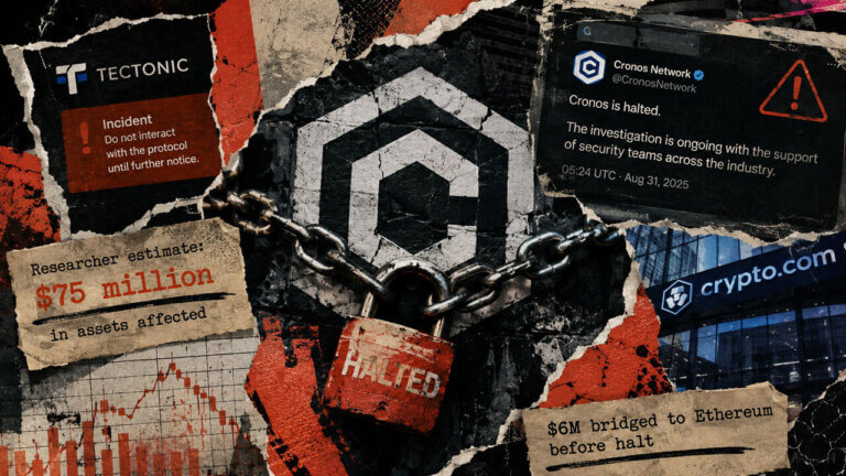 Cronos logo chained behind a HALTED padlock, surrounded by Tectonic exploit warnings and estimates of $75 million in affected assets.