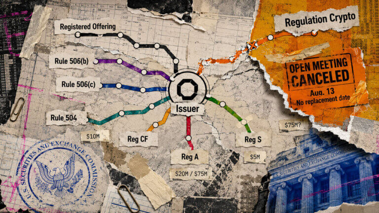 Torn regulatory route map shows a token issuer stuck between existing offering paths and a canceled Regulation Crypto route.