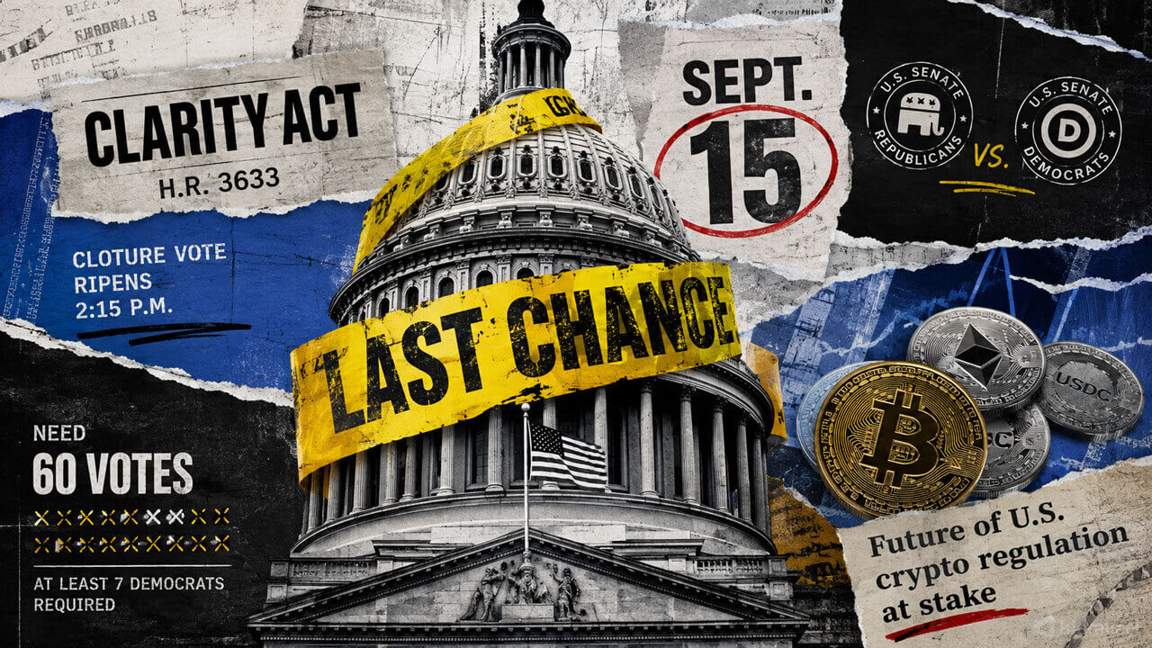Capitol wrapped in yellow “Last Chance” tape amid Sept. 15, CLARITY Act and 60-vote fragments with crypto symbols.