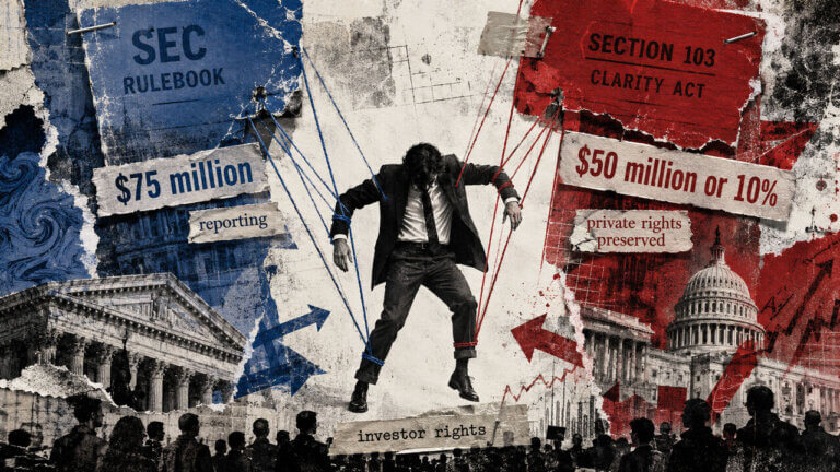 Editorial collage depicts an issuer pulled between SEC and Senate rulebooks, symbolizing competing crypto fundraising rules and investor rights.