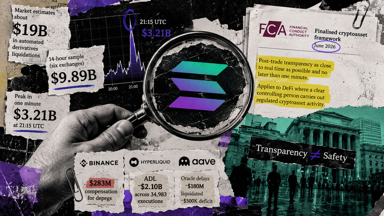 Magnifying glass examines a crypto crash chart beside conflicting liquidation totals and evidence from Binance, Hyperliquid and Aave.