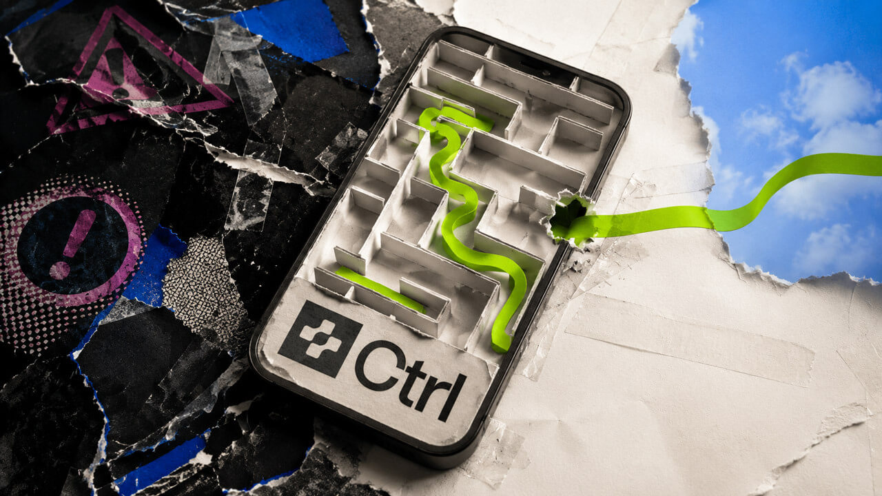 Ctrl Wallet phone transformed into a paper maze with a bright green recovery path escaping toward an open sky.