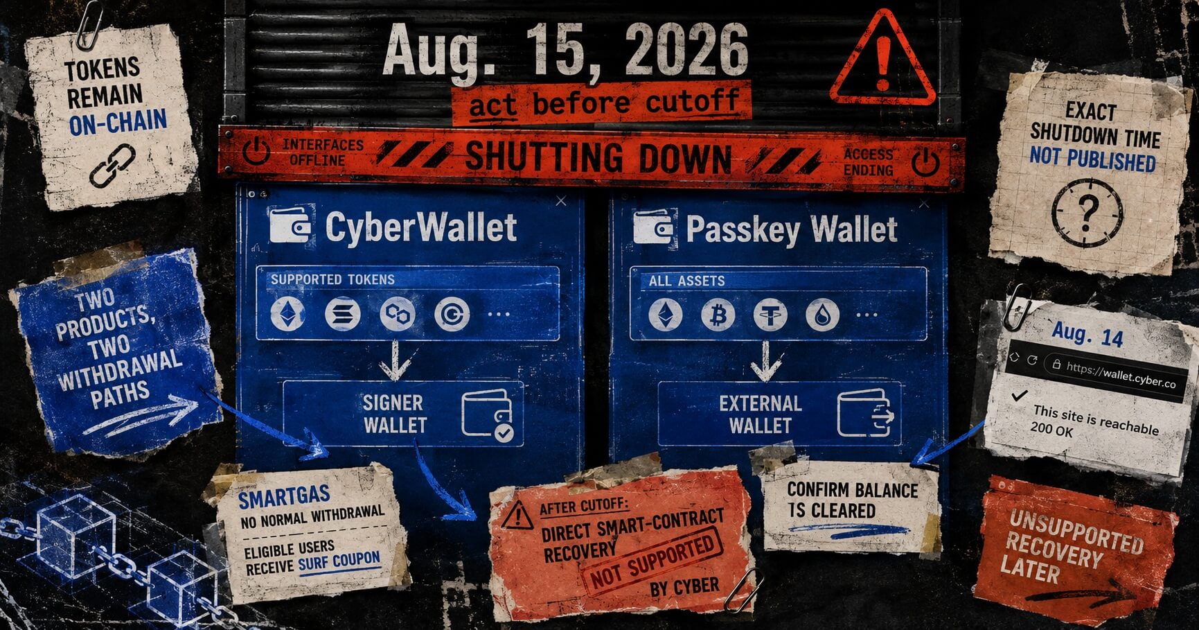 Editorial collage of CyberWallet and Passkey Wallet shutdown routes, with Aug. 15 deadline, on-chain assets, SmartGas limits, and unsupported recovery warnings.