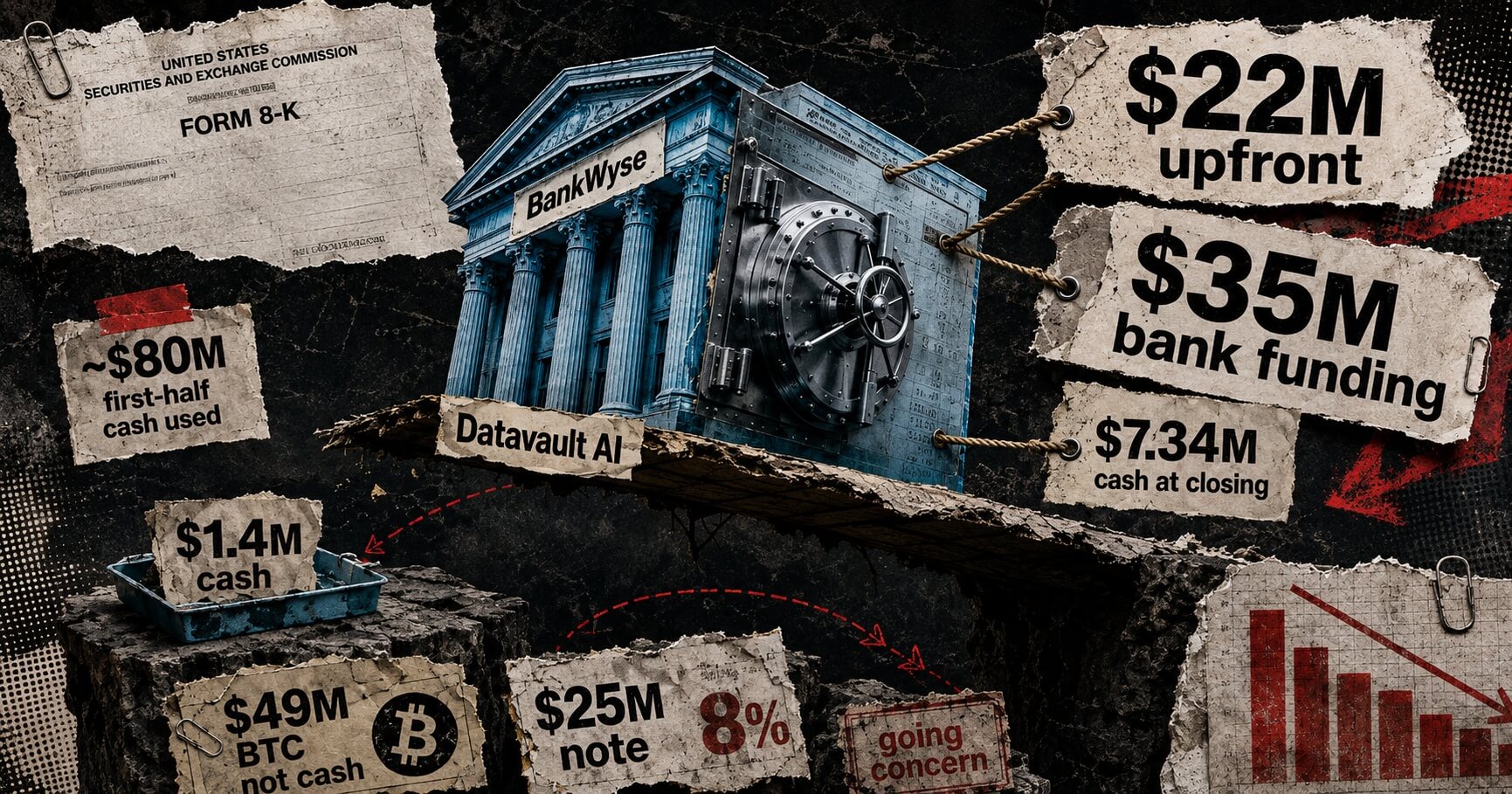 Editorial collage of BankWyse and Datavault AI surrounded by funding obligations, cash figures, Bitcoin holdings, debt terms, and a going-concern warning.