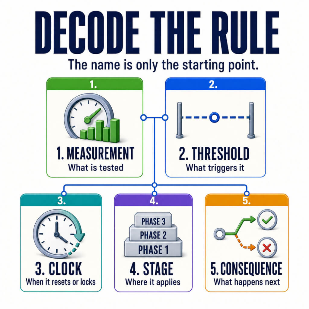 Infographic showing five elements for decoding prop trading rules: measurement, threshold, clock, stage, and consequence.