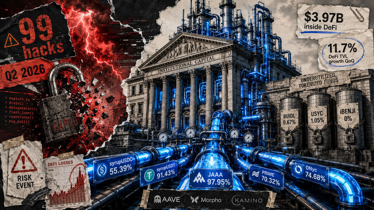 Institutional building transforms into a DeFi refinery routing tokenized credit through blue pipelines while red hack pressure attacks from the left.