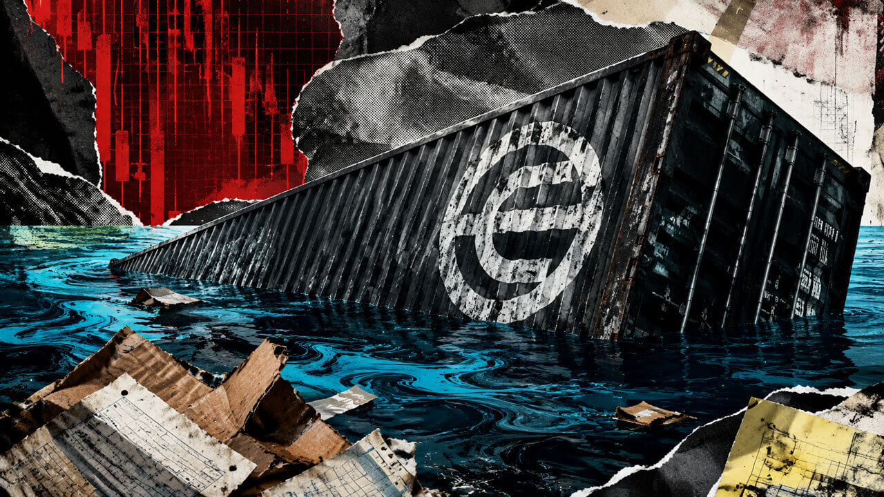 Capsized container with distressed WLD symbol sinking in electric blue liquid, surrounded by torn ledger and inventory collage fragments.