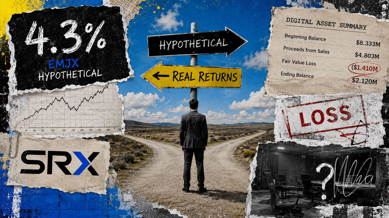 Investor stands at a crossroads between EMJX’s hypothetical 4.3% result and real returns, surrounded by SRX balance and loss evidence.
