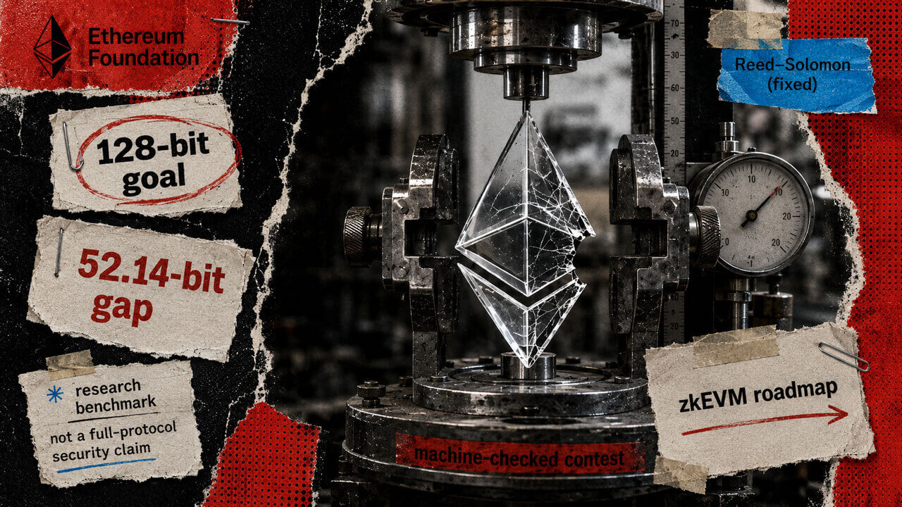 Cracked Ethereum crystal under a mechanical stress tester symbolizes the machine-checked zk-security benchmark, research gap, and zkEVM roadmap.