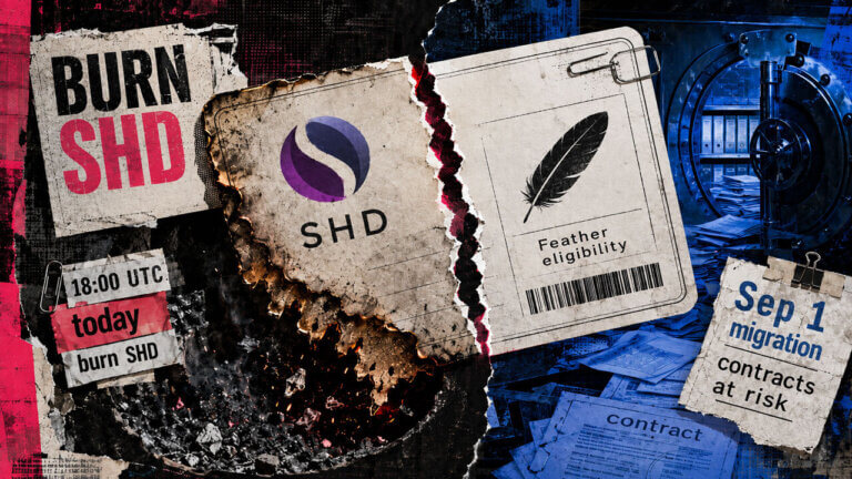 Editorial collage of a burned SHD pass torn from a Feather eligibility card, split against a vault of contracts and a Sep. 1 migration warning.
