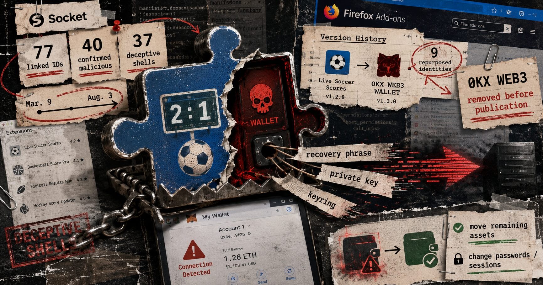 Editorial collage of a Firefox extension trap exposing wallet secrets, with sports-score shells, malicious add-ons, Socket statistics, and remediation steps.