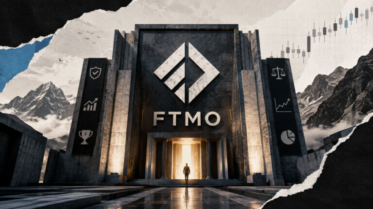 FTMO mixed-media cover with monumental branded entrance, mountain backdrop and warm light representing access to funded trading.
