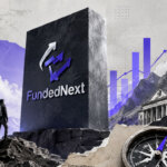 FundedNext monument beside a rising staircase toward a mountain summit, symbolizing trader progression, funding access, and ambition.