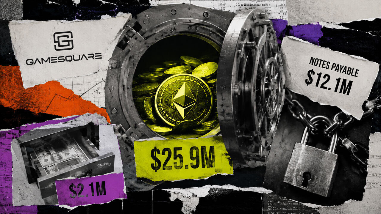 GameSquare’s crypto-filled vault represents its $25.9M asset pool, while $12.1M in notes and only $2.1M cash frame the liquidity risk.