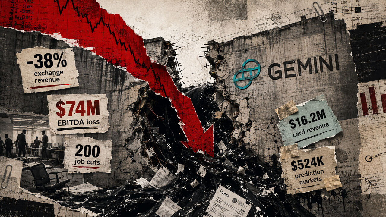 A cracked Gemini-branded wall spills dark financial debris as exchange revenue falls 38%, losses hit $74M, and 200 jobs are cut.