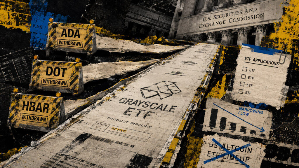 Grayscale ETF pipeline leads toward the SEC while ADA, DOT and HBAR routes are blocked by withdrawn signs in a torn-paper collage.