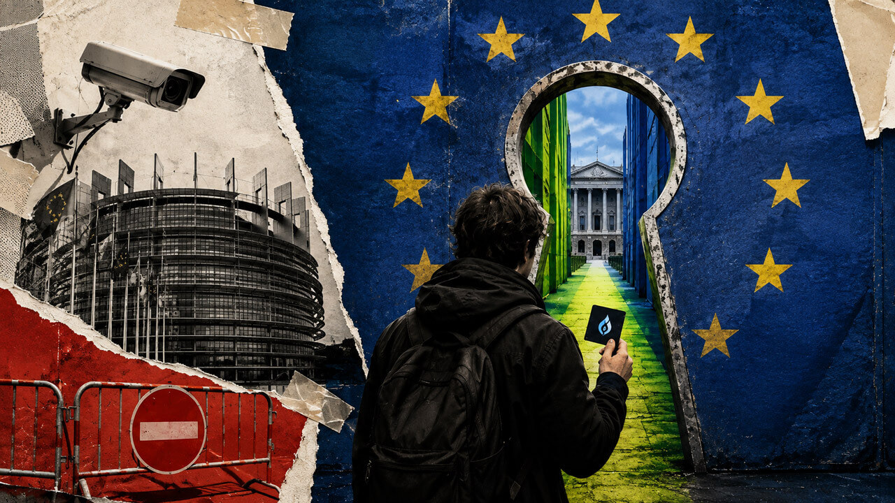 Account holder approaches an EU-star keyhole with an HTX card, revealing a narrow illuminated route toward a bank.