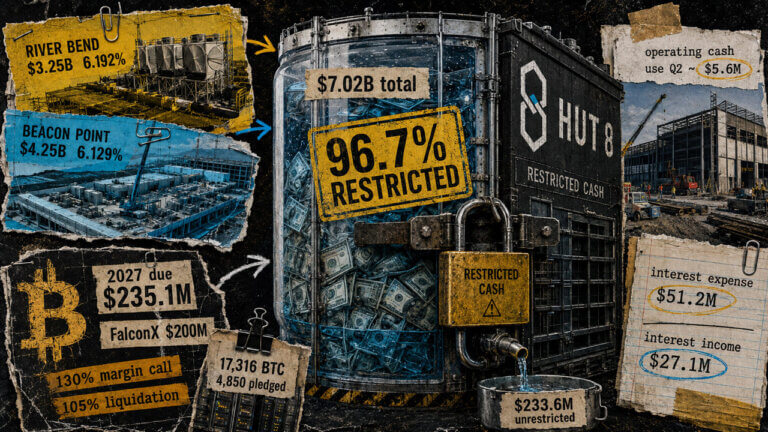 Editorial collage of Hut 8’s locked cash reserves, AI data-center financing, Bitcoin-backed debt, and limited unrestricted liquidity.