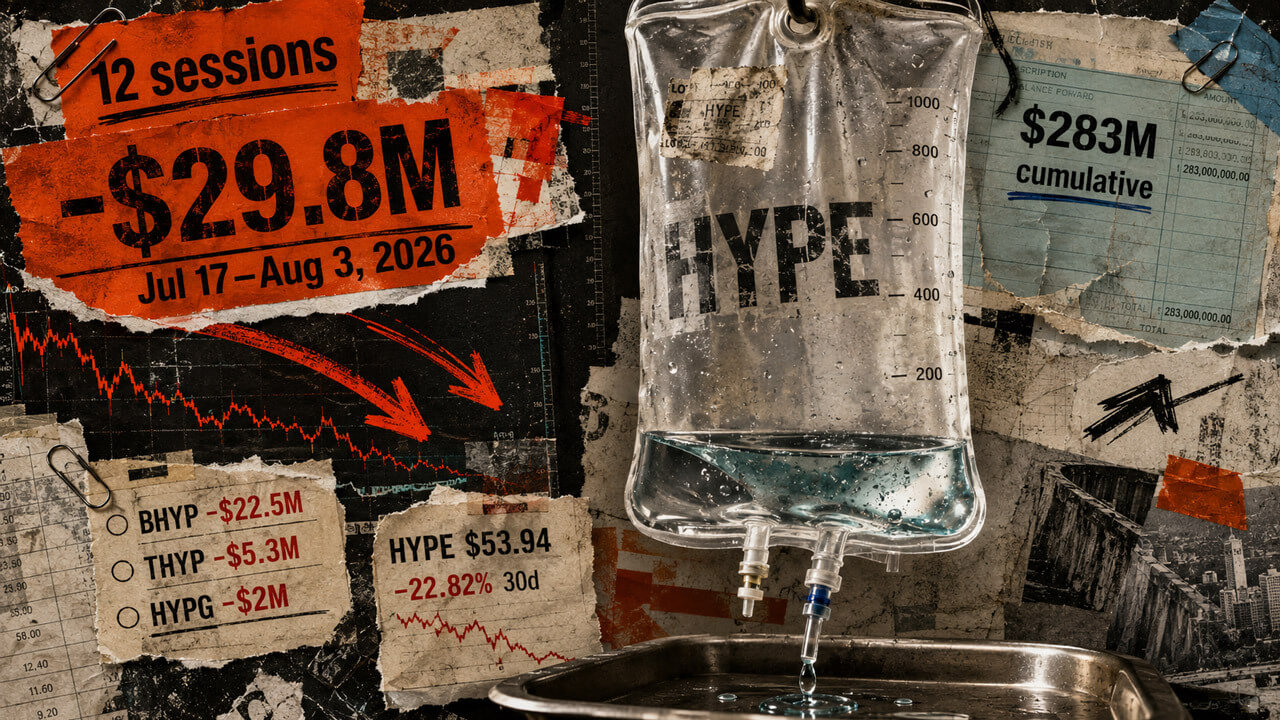 HYPE liquidity bag drains into a metal tray beside $29.8M in ETF outflows, a 12-session drought, and falling token prices.