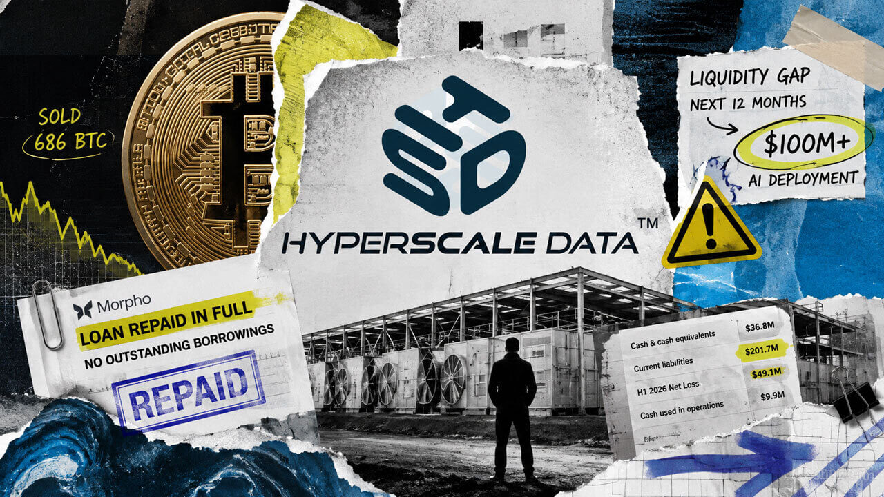 Hyperscale Data logo, sold Bitcoin, repaid Morpho loan, and unfinished AI data center illustrate liquidity pressure and funding risk.