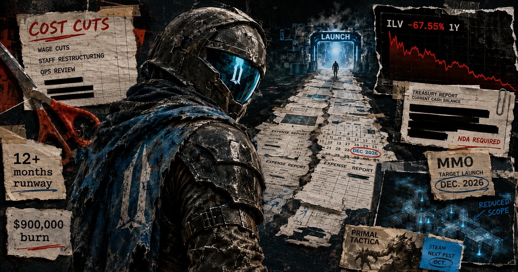 Editorial collage of an armored Illuvium figure, cost-cut notes, a 12-month runway, falling ILV chart, and MMO launch documents.