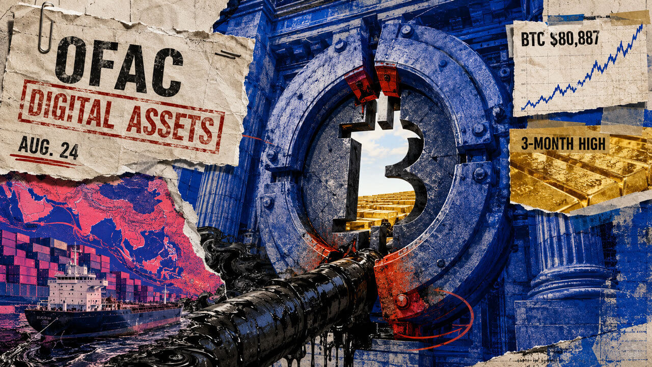 Editorial collage of an OFAC dollar-system clamp squeezing an oil trade conduit, with Bitcoin and gold signaling demand for alternatives.