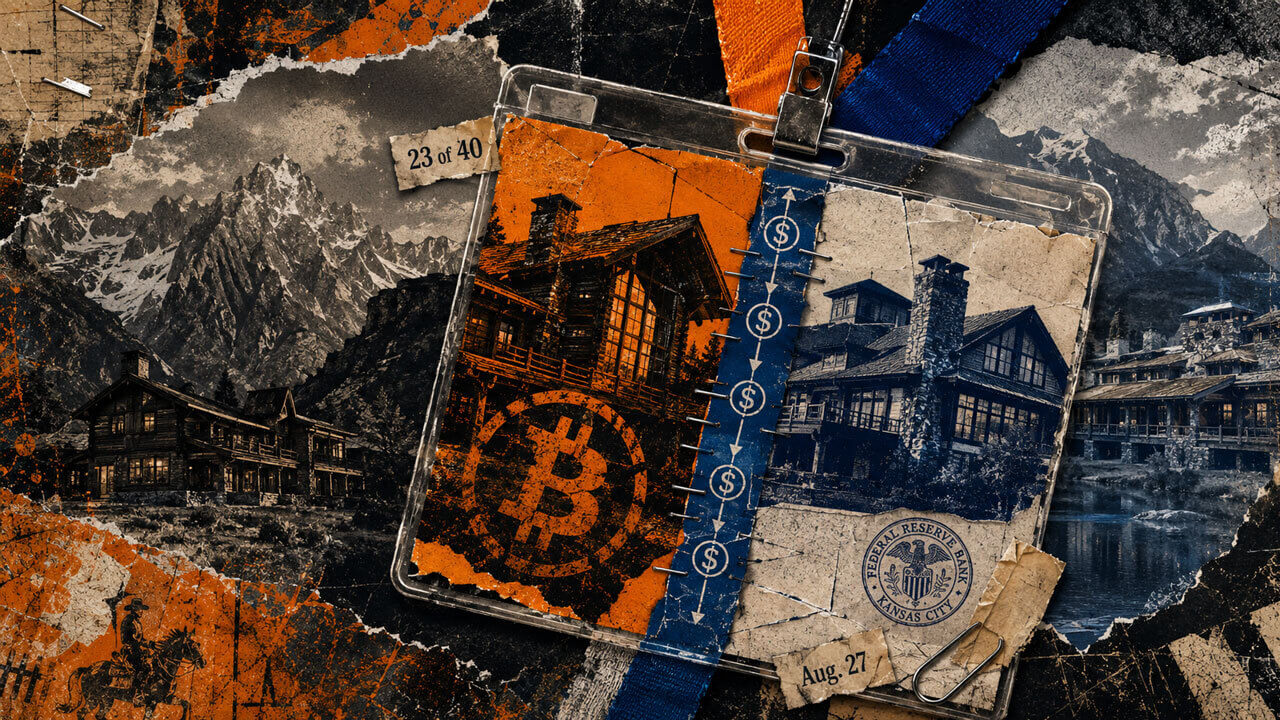 Editorial collage of a split conference badge linking crypto and Federal Reserve imagery against the Jackson Hole mountain landscape.