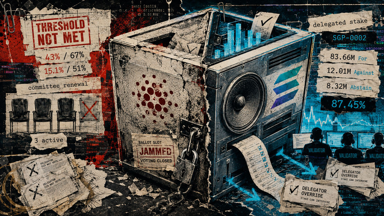 Distressed ballot machine contrasts Cardano voting shortfalls with Solana delegated validator voting and governance overrides.