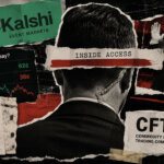 Editorial collage of a White House speech aide, Kalshi market odds, Trump speaking, and CFTC penalties for insider event-market trading.