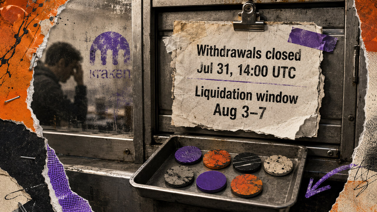 Torn notice on an industrial exchange counter states withdrawals closed July 31 and liquidation runs Aug. 3–7.