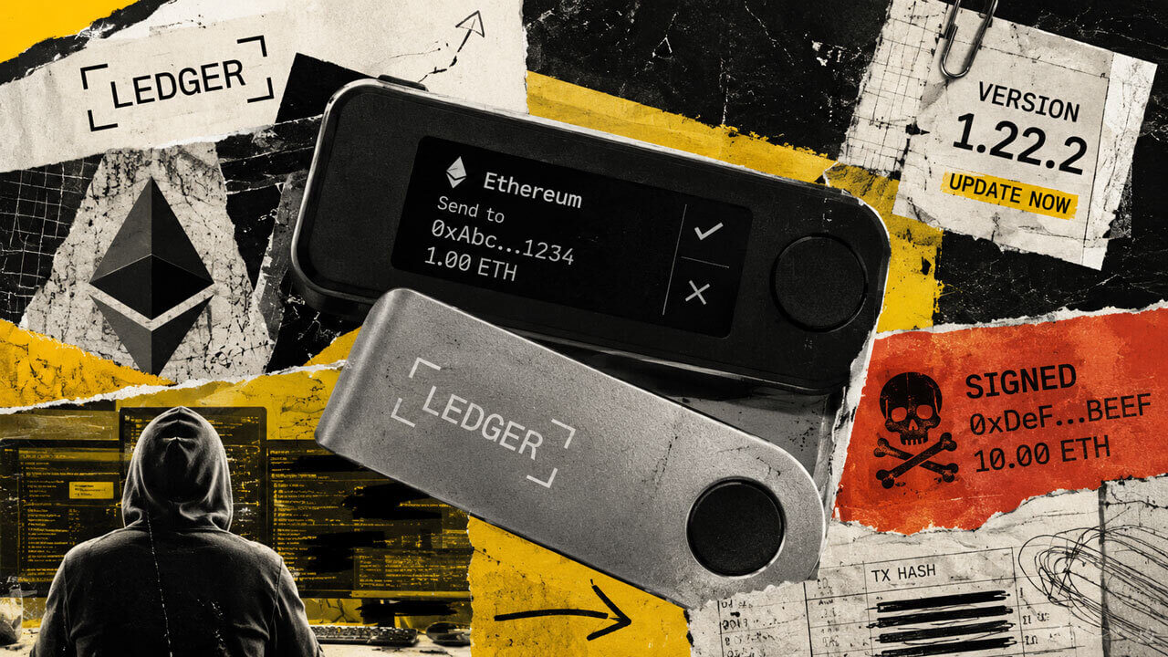 Ledger hardware wallet surrounded by Ethereum symbols, code fragments and a version 1.22.2 update warning in a distressed editorial collage.