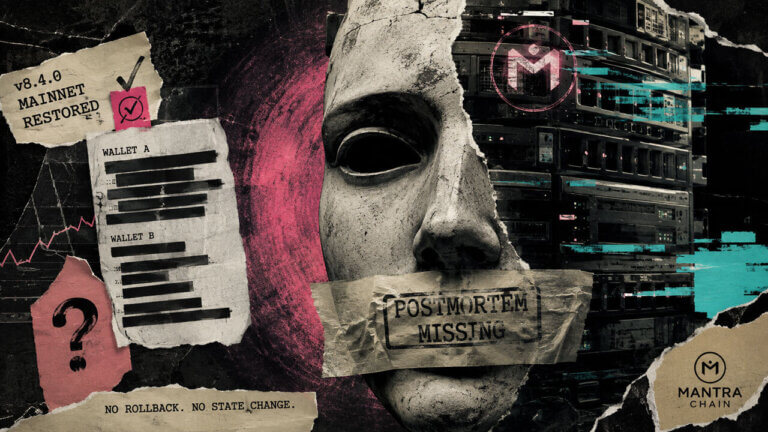 Half-human, half-server MANTRA face is sealed by a missing postmortem label while restored mainnet and wallet evidence remain partially obscured.