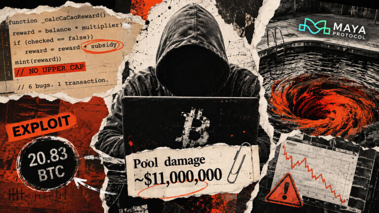 Hooded hacker, 20.83 BTC exploit evidence and Maya Protocol pool vortex illustrate nearly $11 million in potential pool damage.