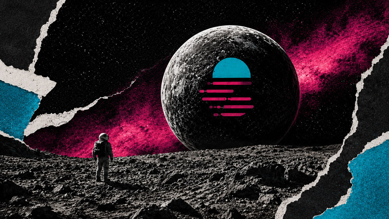 Astronaut faces a giant Moonbeam-marked moon in a stark lunar landscape framed by torn cyan, black, and magenta paper.