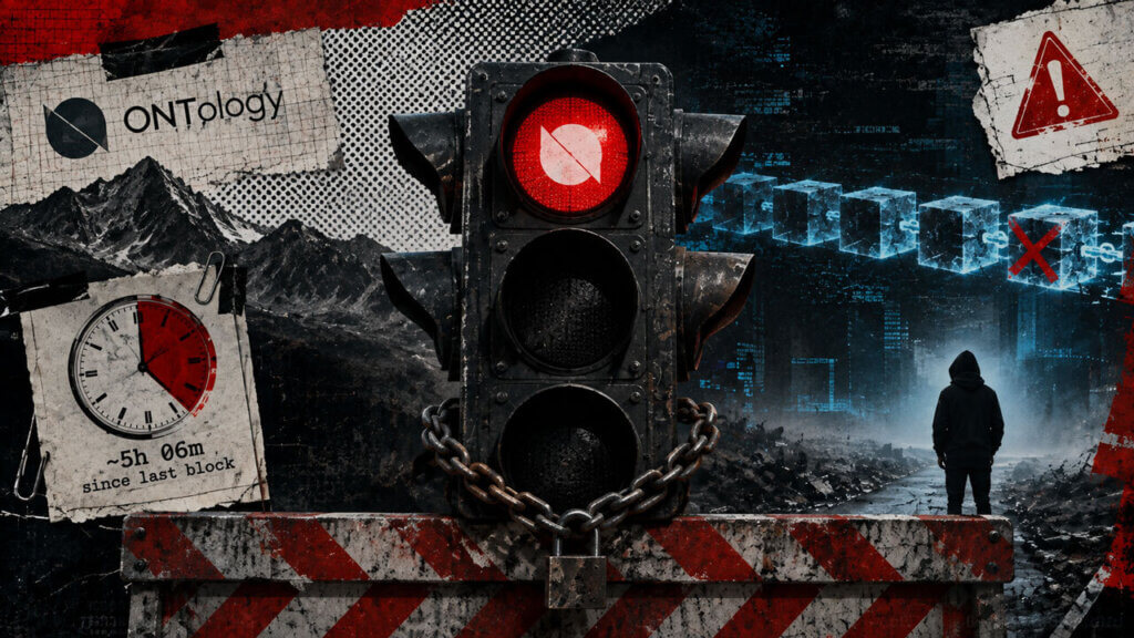 Ontology’s mainnet halt visualized as a locked red traffic signal blocking a broken blockchain path after more than five hours without a block.