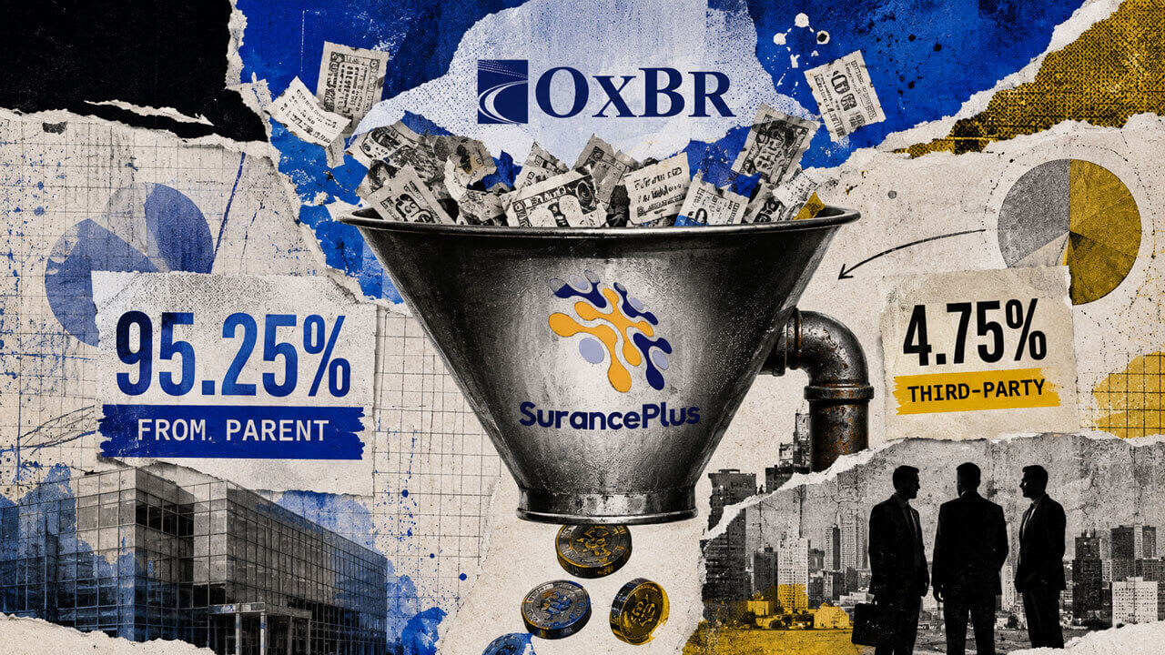 Oxbridge capital pours into a SurancePlus funnel, contrasting 95.25% parent funding with the much smaller 4.75% third-party share.