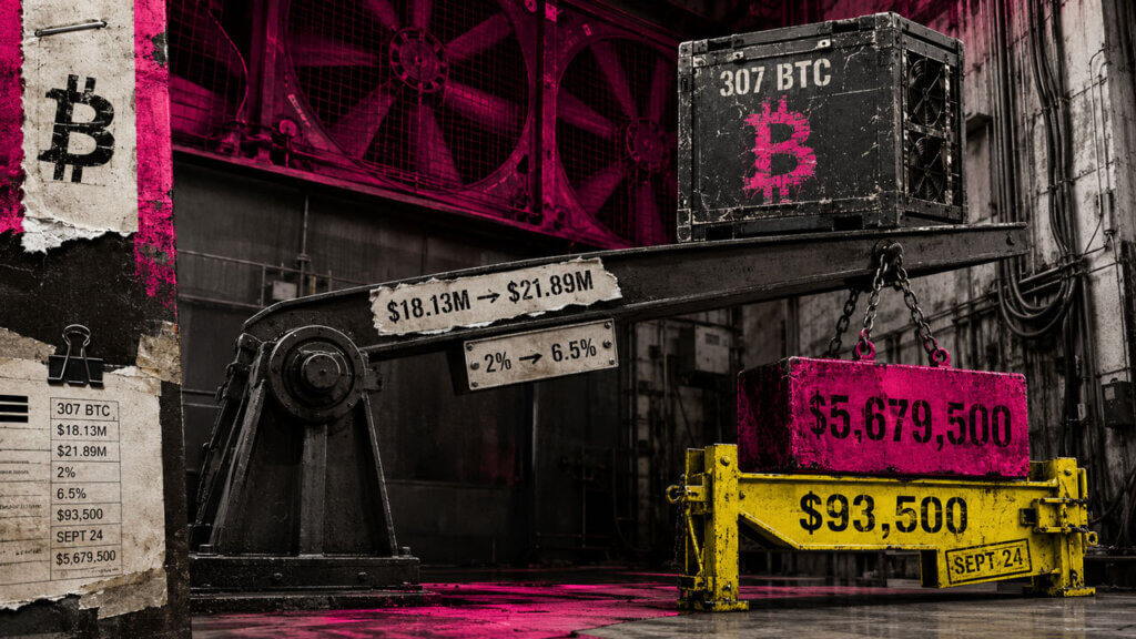 An industrial balance weighs PowerCompute’s 307 BTC against a gated $5.68 million settlement tied to the Sept. 24 barrier.