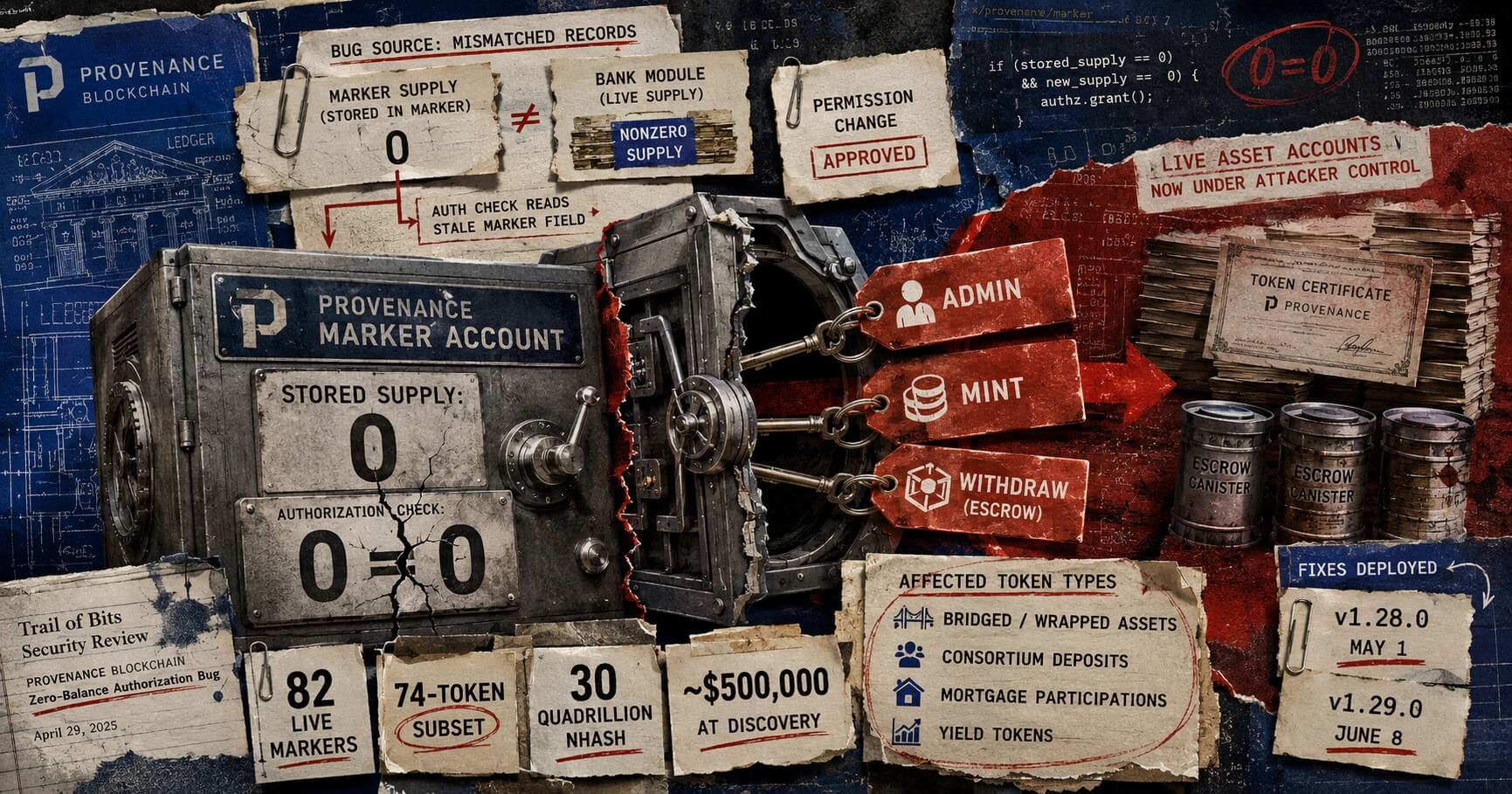 Editorial collage of a cracked Provenance marker vault exposing admin, mint, and escrow-withdrawal permissions, with zero-supply records and affected-token figures.