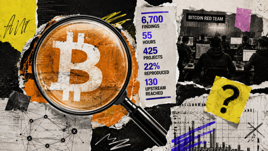 Mixed-media Bitcoin investigation collage with scan statistics, security analysts, network evidence, and unanswered validation questions.