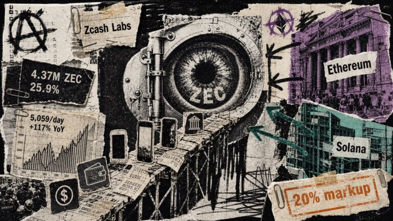 Handmade punk scrapbook collage of a ZEC-marked vault-eye linked to payment apps, opposed by Ethereum and Solana networks.