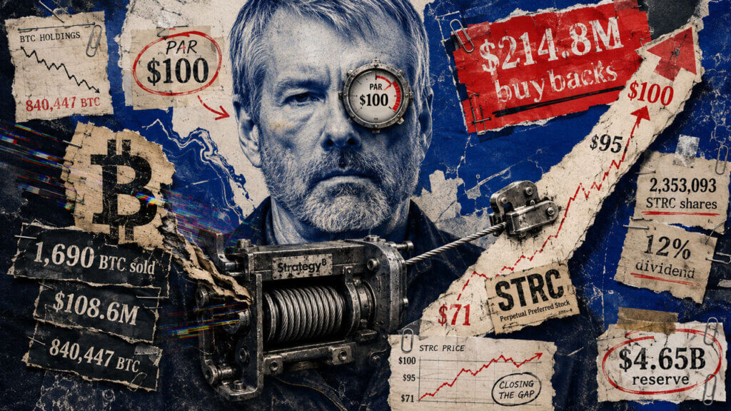 Michael Saylor with a mechanical winch pulling STRC from $95 toward $100 as Bitcoin sale and buyback figures surround him.