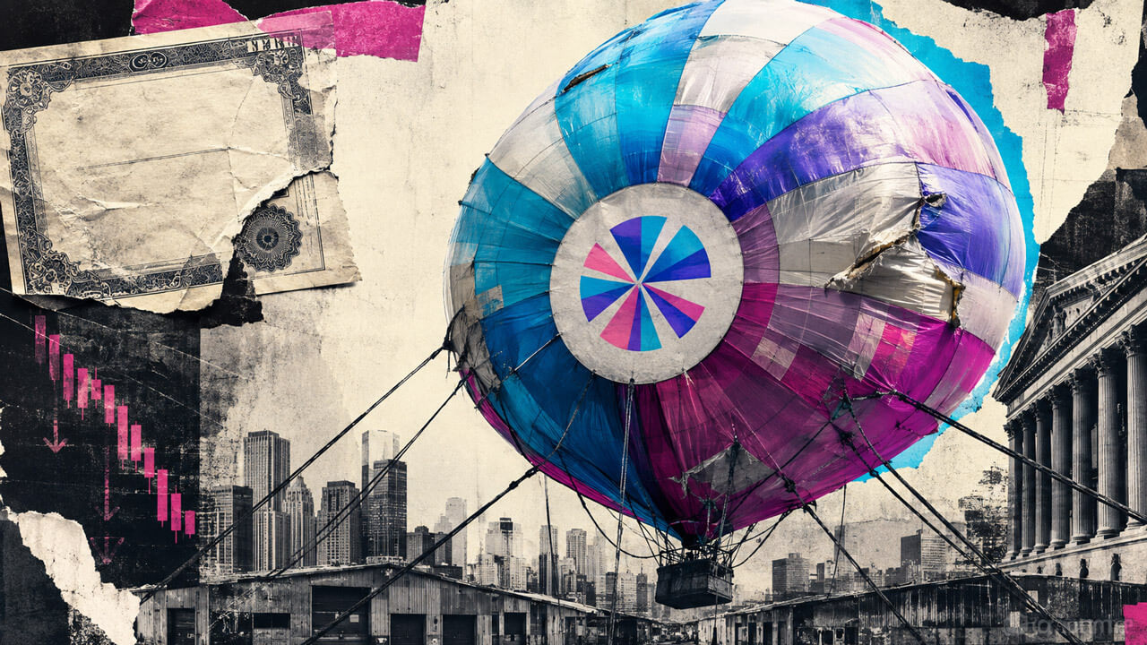 A damaged SKY-branded balloon is tethered above a financial district, symbolizing concentrated exposure and pressure from falling token value.