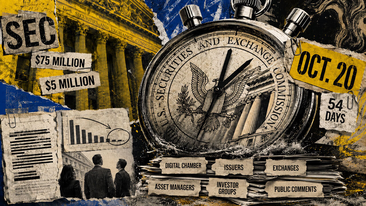 Punk editorial collage of an SEC stopwatch pressing on sparse public comments, with Oct. 20, 54 days, and $5M/$75M rule markers.