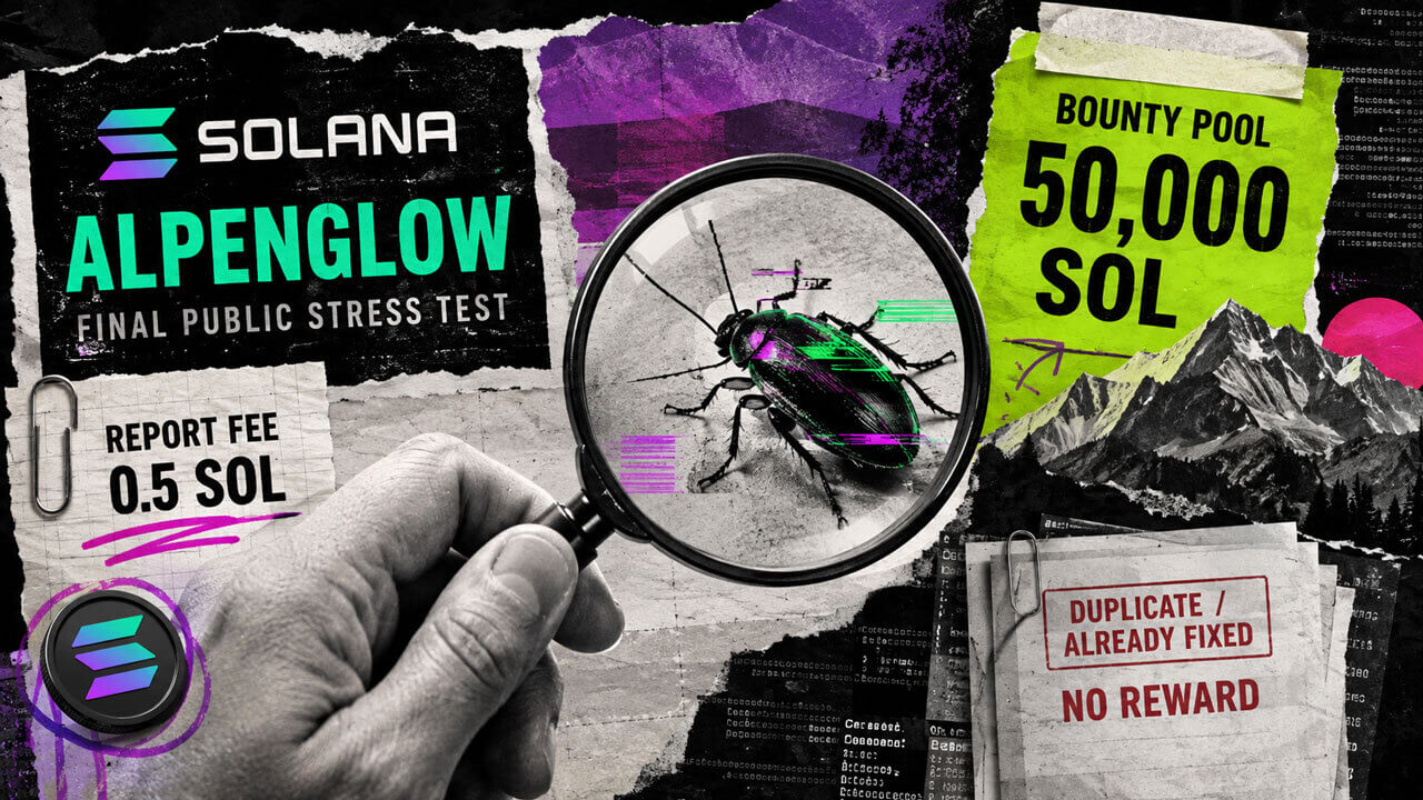 Magnifying glass reveals a software bug amid Solana Alpenglow scraps showing a 0.5 SOL report fee and 50,000 SOL bounty pool.