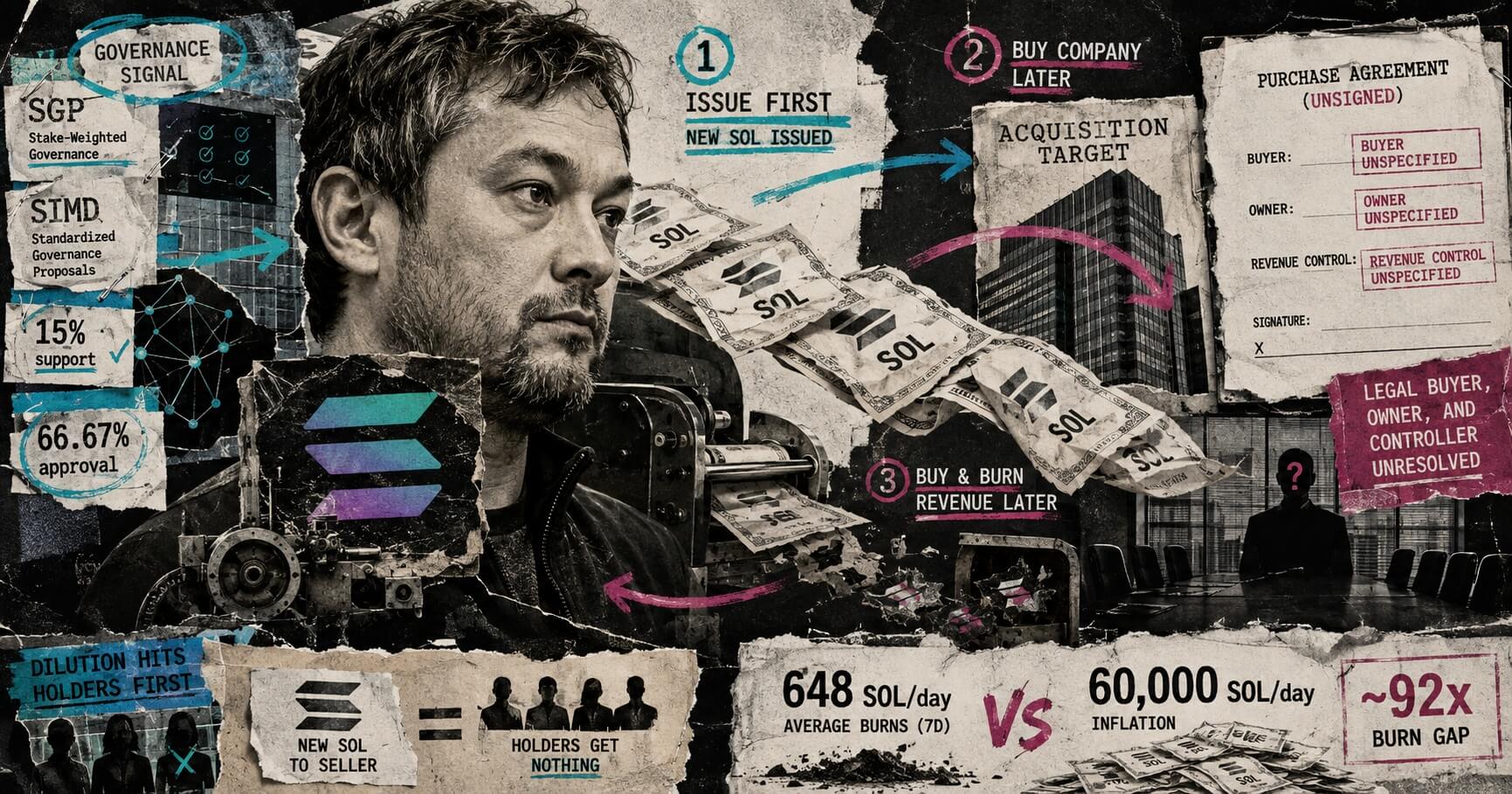 Editorial collage of Anatoly Yakovenko, SOL issuance slips, governance notes, an acquisition target, and an unsigned purchase agreement with unspecified control.