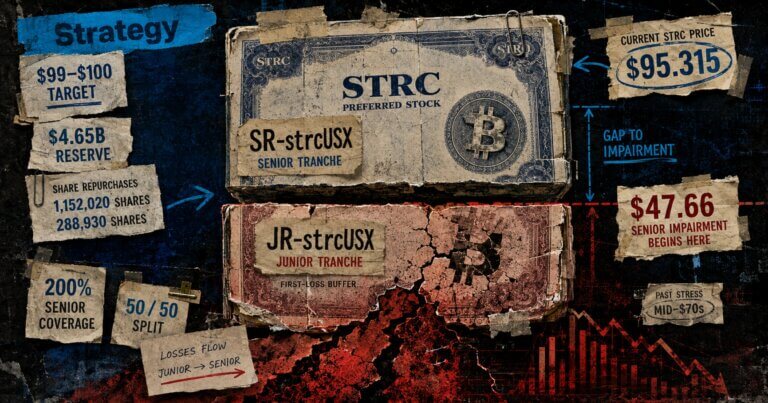 Solstice’s STRC tranche structure places JR-strcUSX as the first-loss buffer below SR-strcUSX, with senior impairment modeled at $47.66.