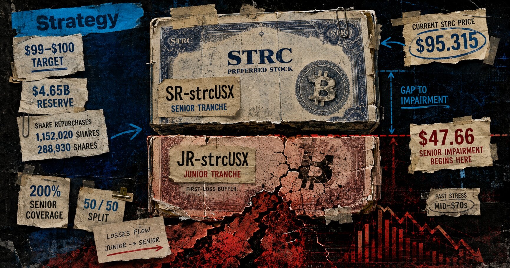 Solstice’s STRC tranche structure places JR-strcUSX as the first-loss buffer below SR-strcUSX, with senior impairment modeled at $47.66.