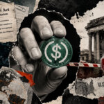 A hand presents a foreign stablecoin toward a blocked US market gate framed by Treasury oversight and due diligence requirements.